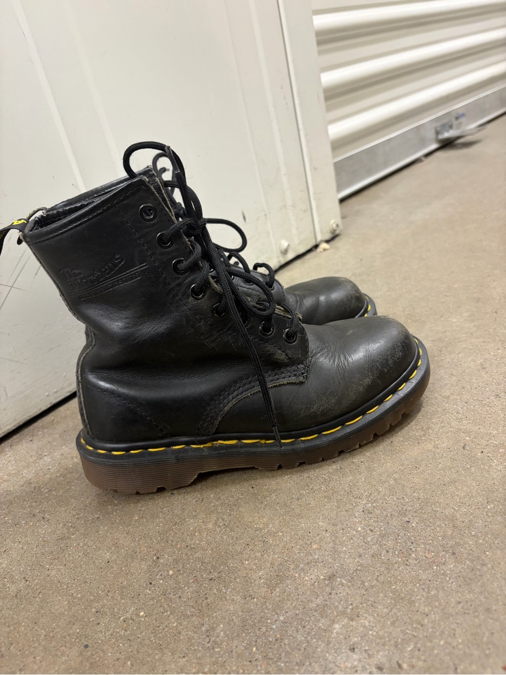 Dr. Martens Black Leather Lace-Up Combat Boots with Yellow Stitching